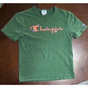 Champion T-Shirt Women Script Floral Short Sleeve Round Neck Green Small